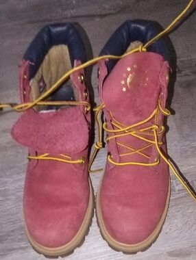 Red Suede Timberland Boots with Yellow Laces